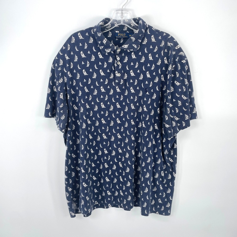 Polo Ralph Lauren Mens XXL Heather Blue Sailboat Print Short Sleeve Polo Shirt